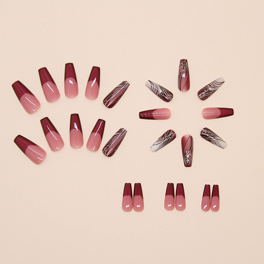 Elegant Autumn Press On Nails, Medium Square Shape, Full Cover with Pattern Design - Free Shipping