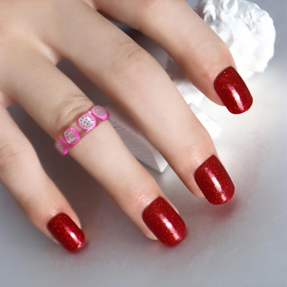 Glossy Red Square Press-On Nails Full Cover Glitter Acrylic False Nails - Free Shipping