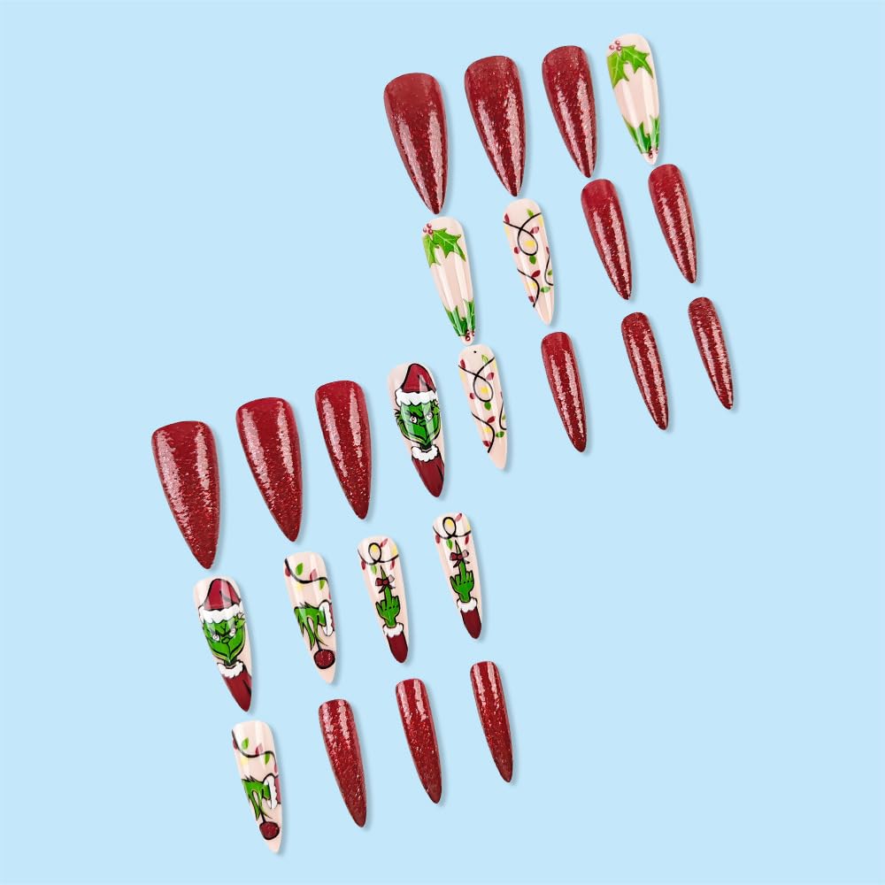 Red Glitter Grinch Christmas Press-On Stiletto Nails Acrylic Holiday Nails - Free Shipping
