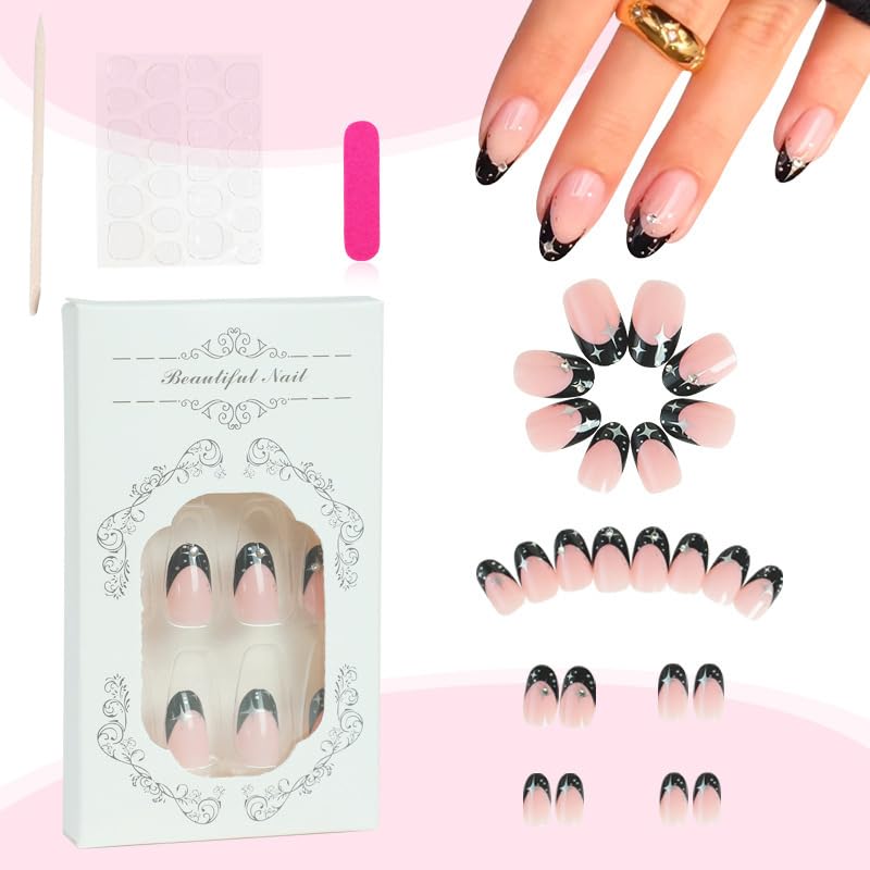 Black Rhinestone French Almond Press on Nails - 24 Pcs Medium Square Full Cover Fake Nails - Free Shipping