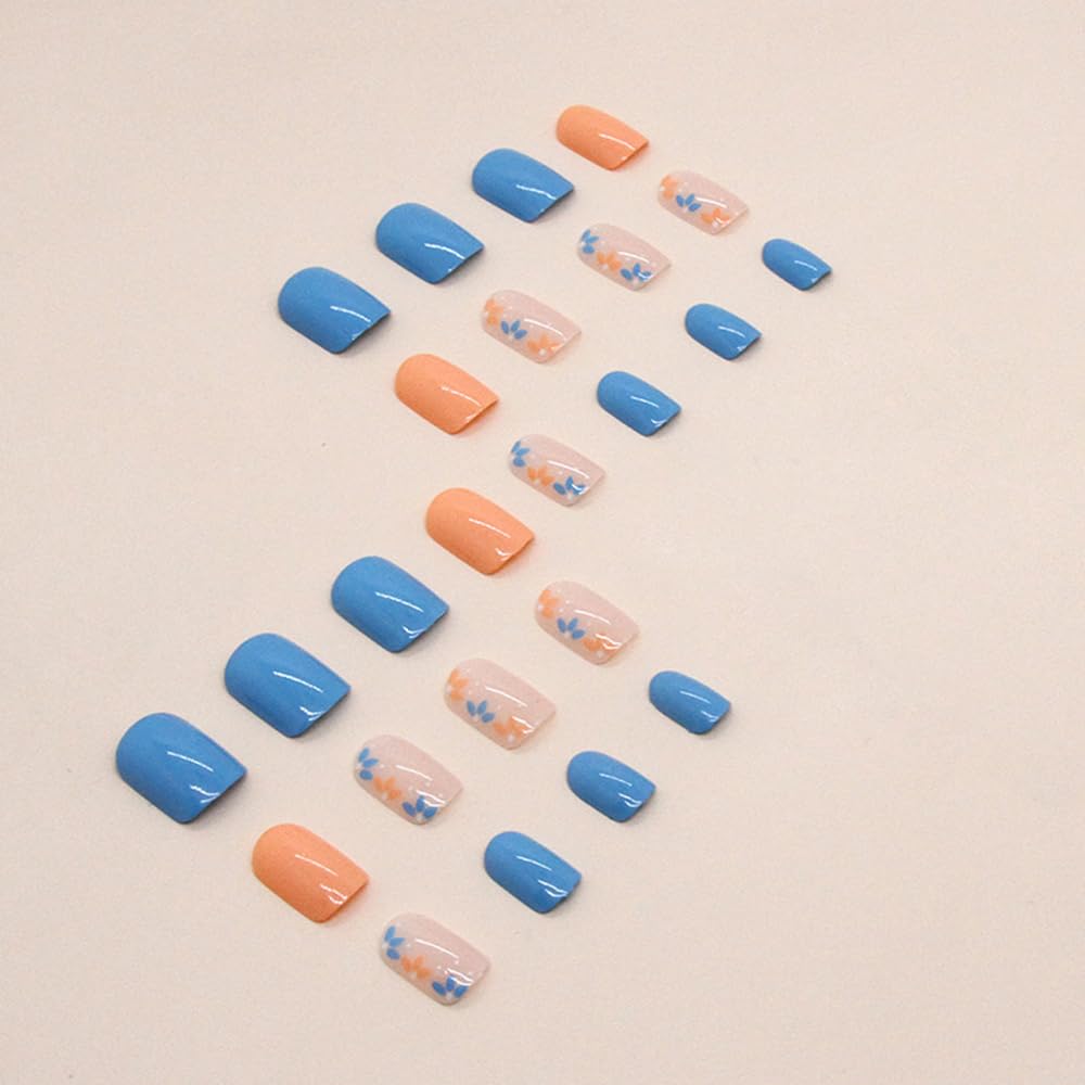 Vibrant Floral Blue Orange Press-On Nails Short Square Acrylic False Nails - Free Shipping