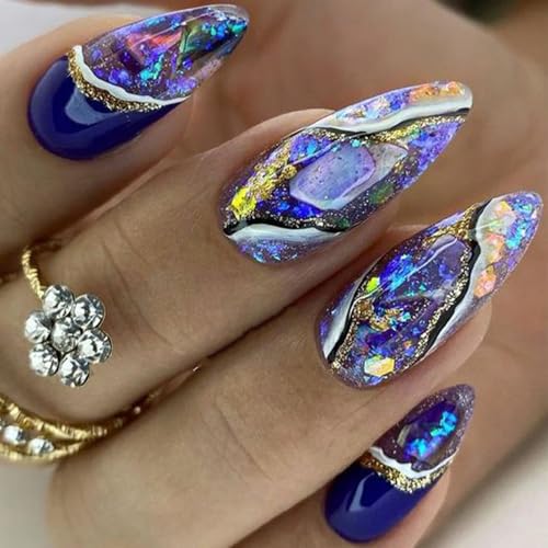 Gold Foil Almond Press-On Fake Nails – 24Pcs Glossy Star Sky Design-Free Shipping