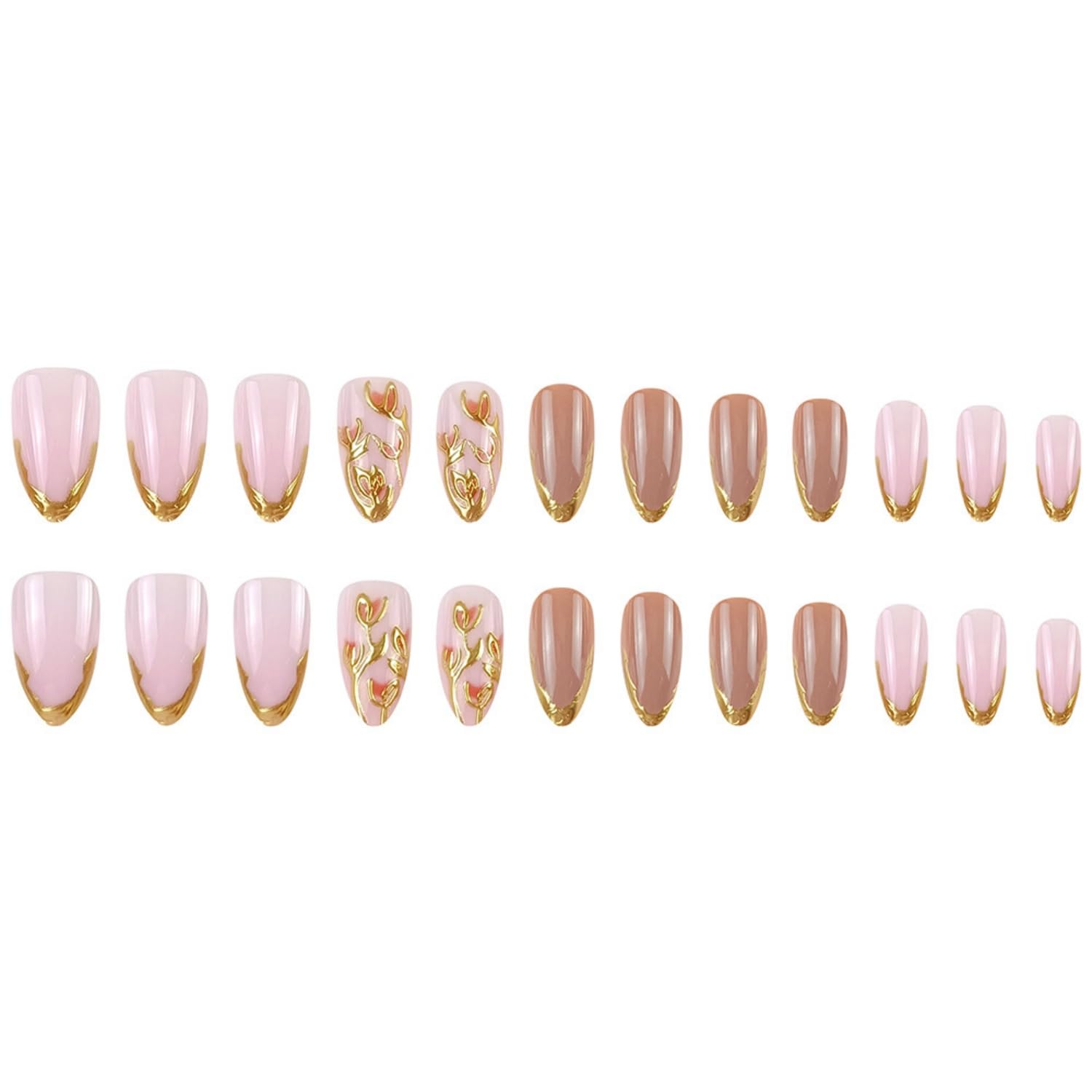 Flower Press on Nails Medium Almond Fake Nails Gold French Tip with 3D Floral Gold Stripes Designs Stick on Nails Glossy Reusable Artificial Acrylic Full Cover False Nails for Women 2 (Gold-18, M-18)