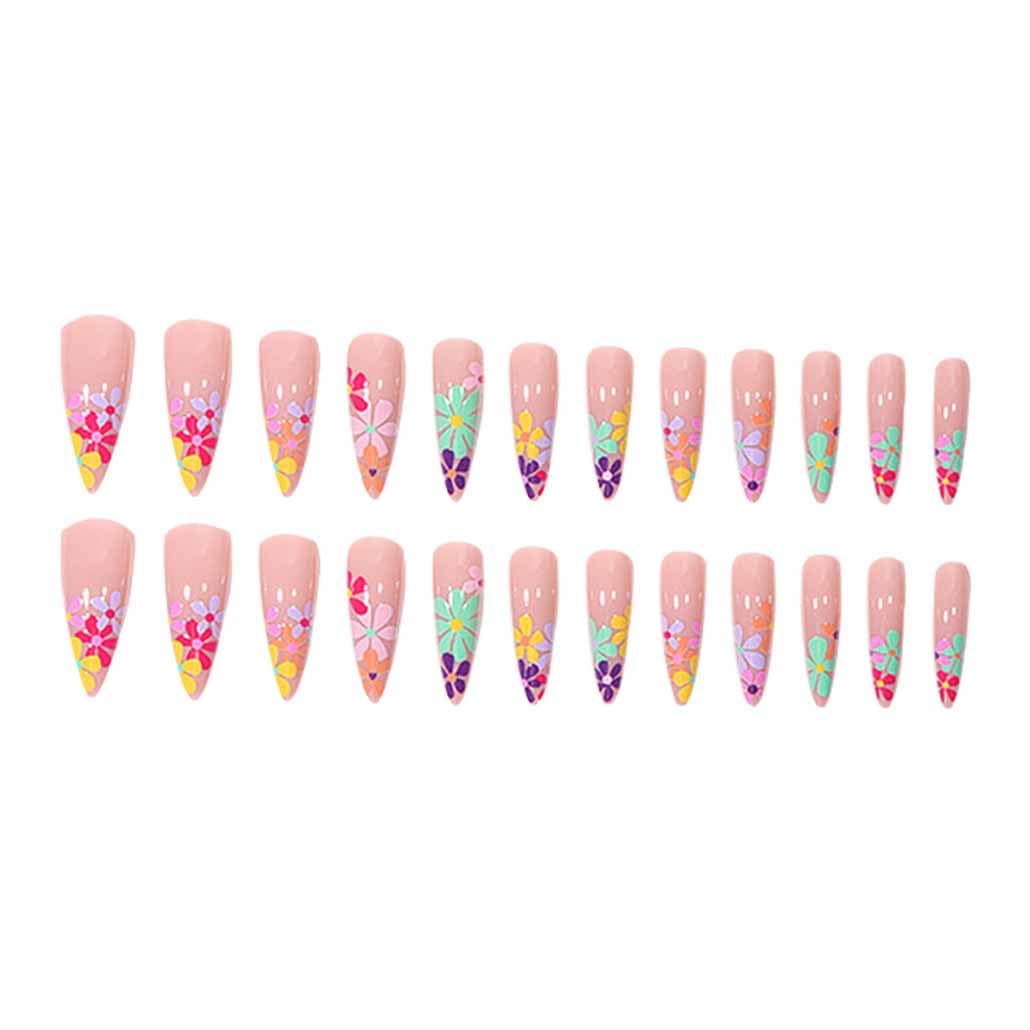 Acrylic Fake Nails Stiletto Long Press on Nails Summer Nails Flower Design Luxury Clear False Nail Tips 24 pcs