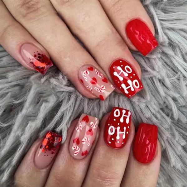 Christmas Hat Bow Design Press-On Nails Short Square Acrylic Set 24pcs Stick-On Manicure-Free Shipping - Lady Luana Luxe Nails