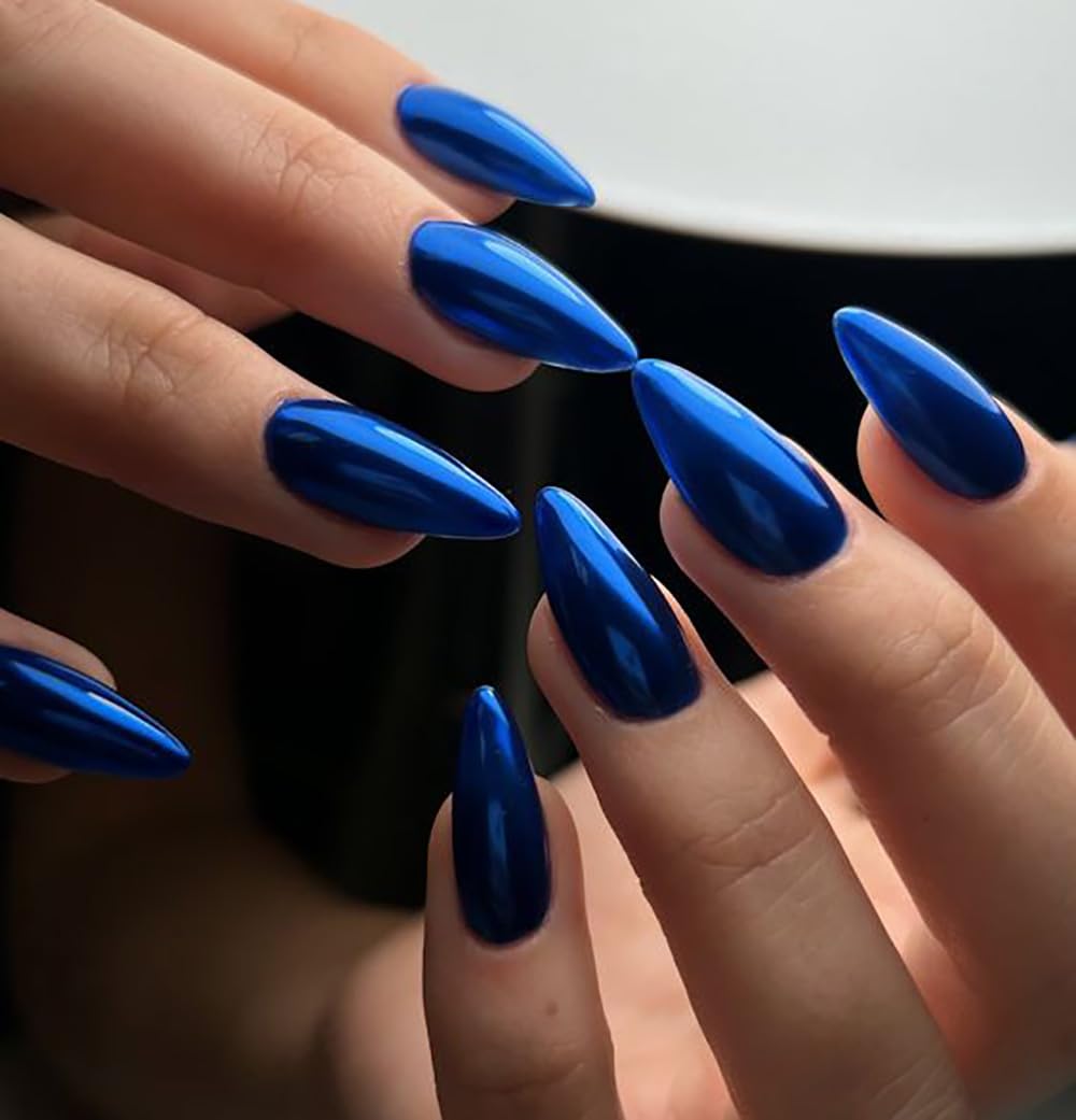 Blue Chrome Metal Press-On Nails Almond False Nails with Mirror Shine - Free Shipping