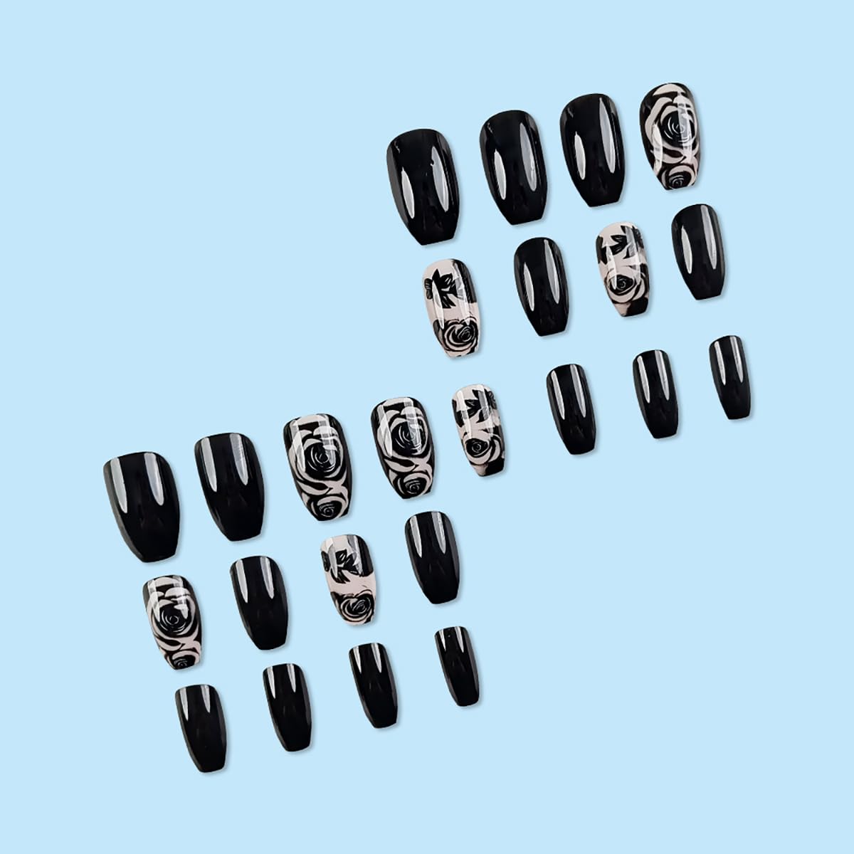 Black Rose Flower Press on Nails - 24 Pcs Medium Square Full Cover Fake Nails - Free Shipping