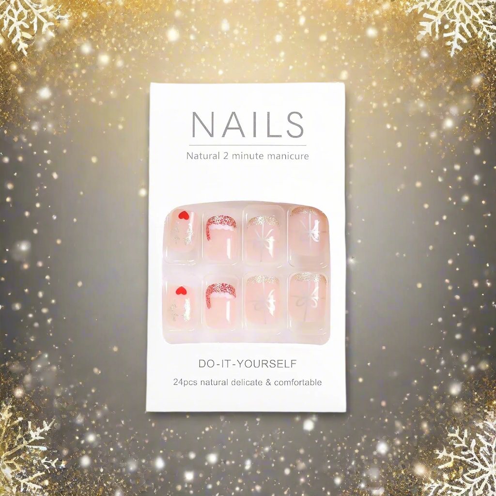 Christmas Hat Bow Design Press-On Nails Short Square Acrylic Set 24pcs Stick-On Manicure-Free Shipping - Lady Luana Luxe Nails