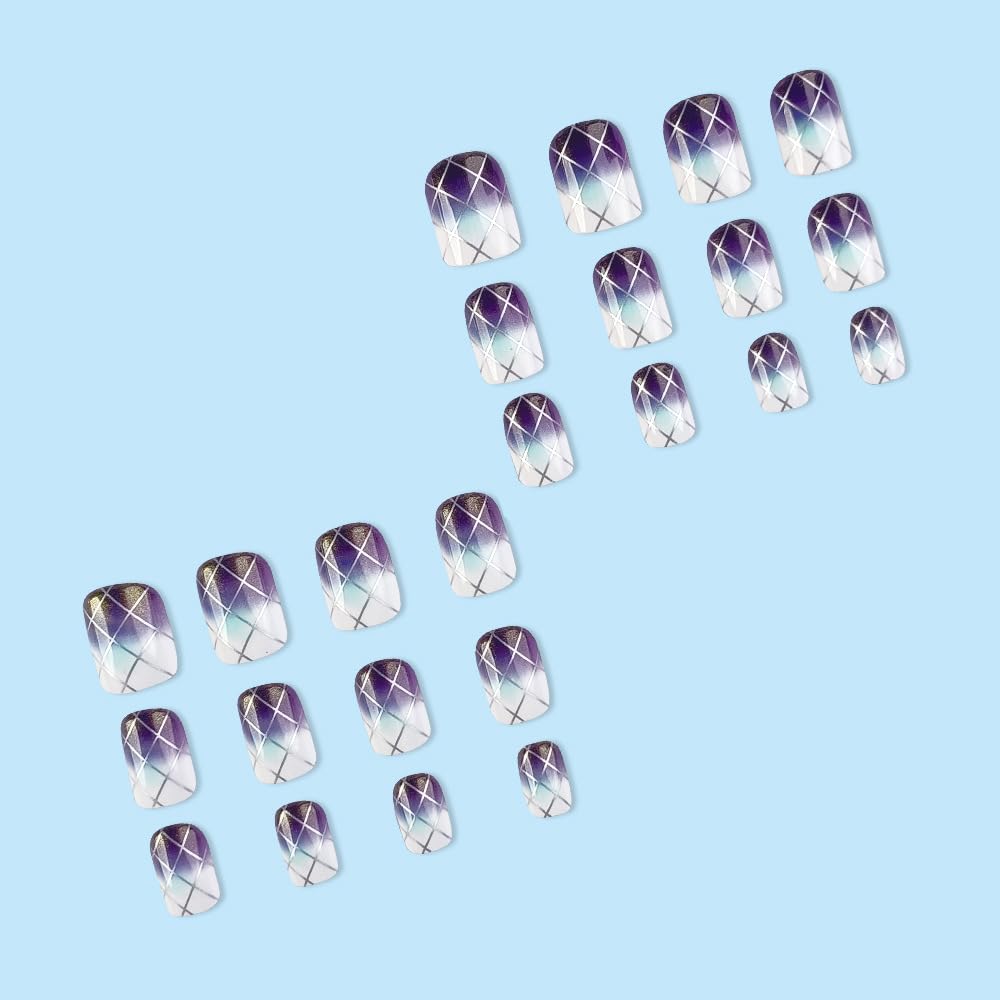 Abstract Plaid Ombre Press-On Nails Square Acrylic False Nails-Free Shipping