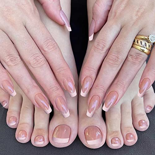 Red French Nude Press-On Nail Set For Fingers And Toes, Shimmer And Glossy Finish-Free Shipping - Lady Luana Luxe Nails