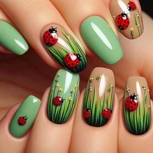 Bee Tulip Floral Press-On Nails Set-Medium Length, Square Shape, Reusable Acrylic False Nails-Free Shipping