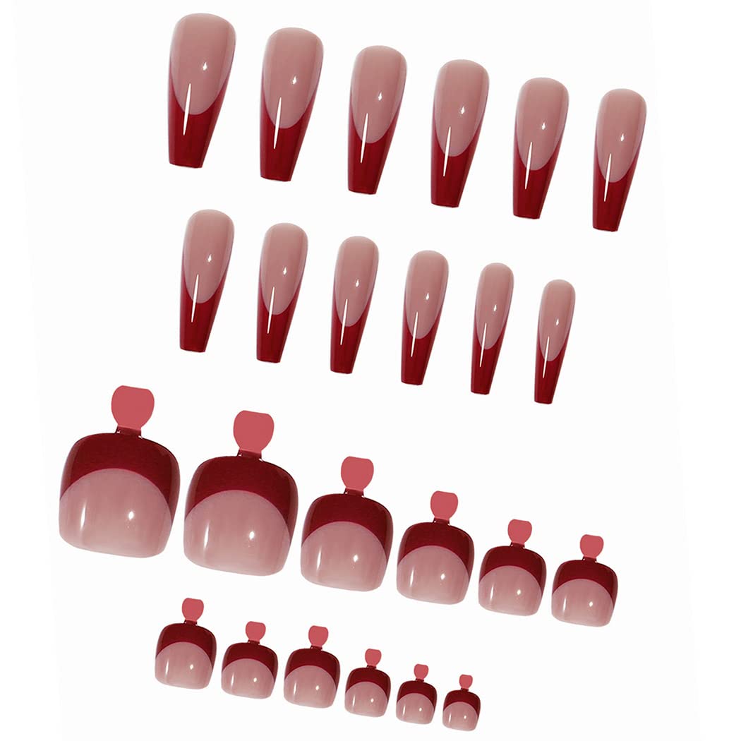 Red French Nude Press-On Nail Set For Fingers And Toes, Shimmer And Glossy Finish-Free Shipping - Lady Luana Luxe Nails