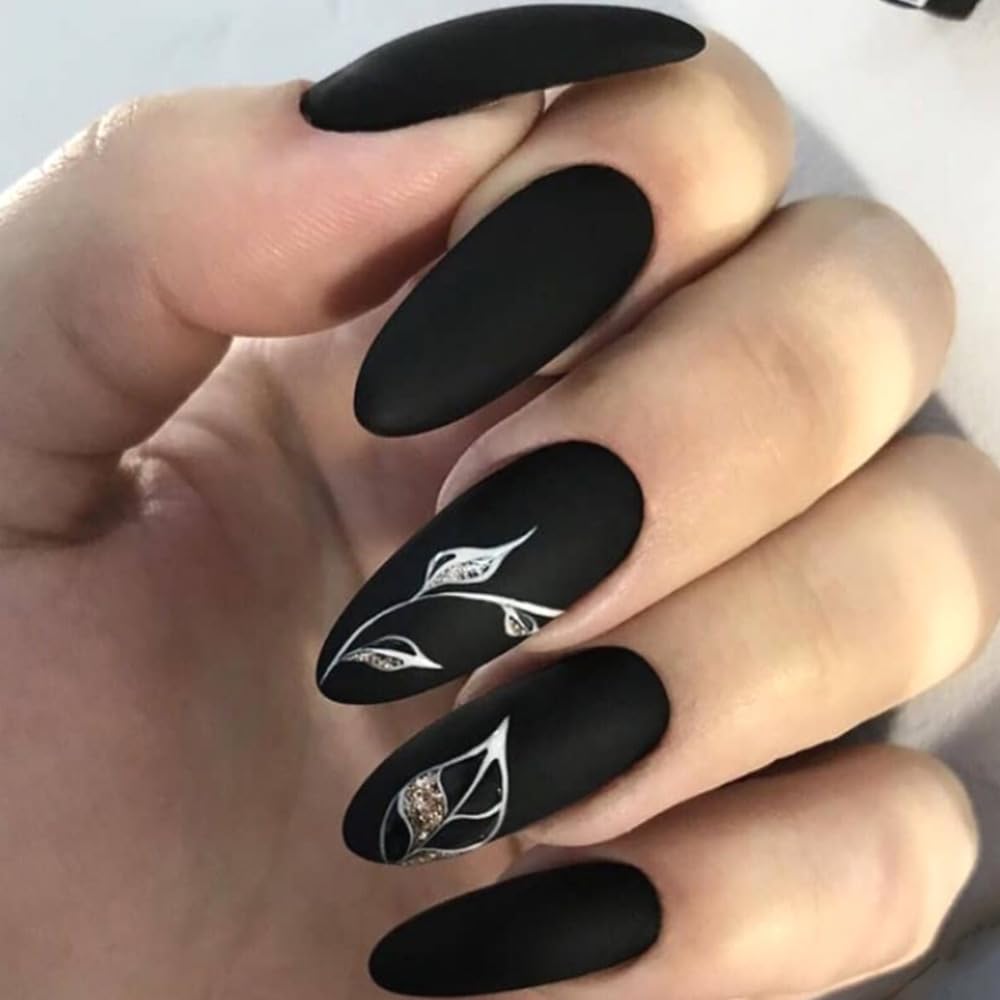 Black Matte Gold Leaf Almond Press-On Nails Acrylic False Nails-Free Shipping