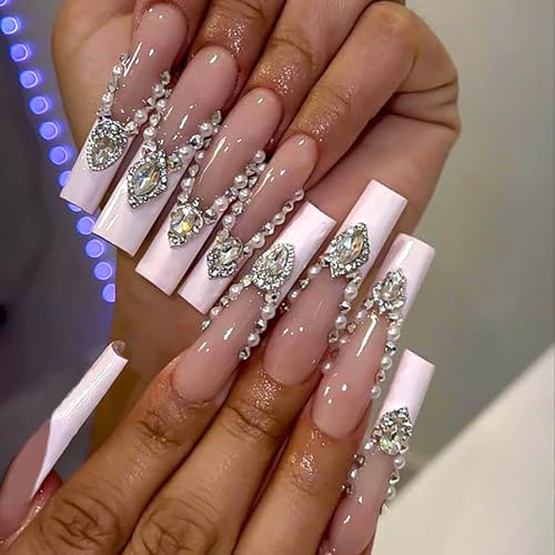 Pink Rhinestone French Coffin Press On Nails Acrylic Fake Nails-Free Shipping