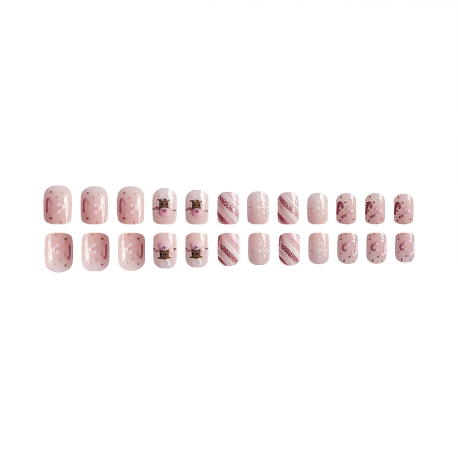 Pink Reindeer Snowflake Candy Cane Christmas Press-On Nails Acrylic Fake Nails - Free Shipping