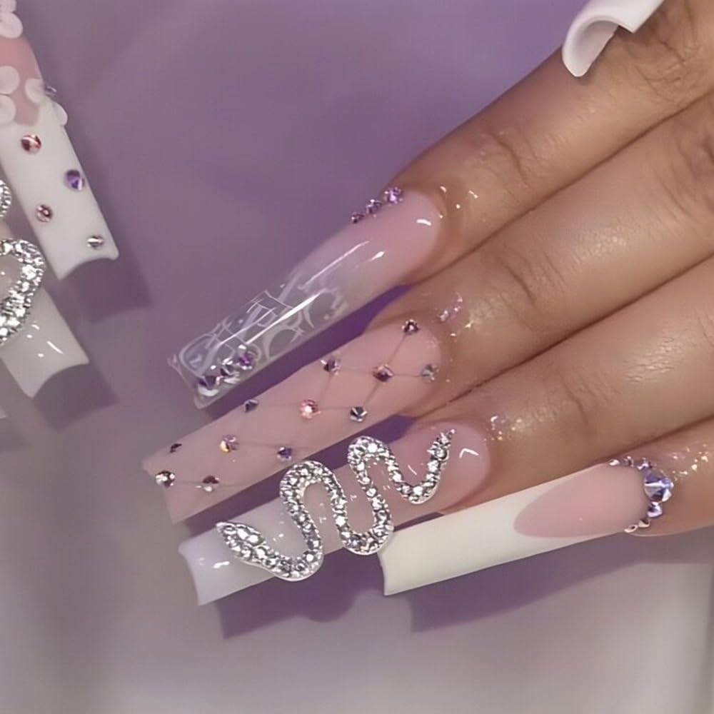 Snake Rhinestone White French Coffin Press-On Nails Acrylic False Nails-Free Shipping