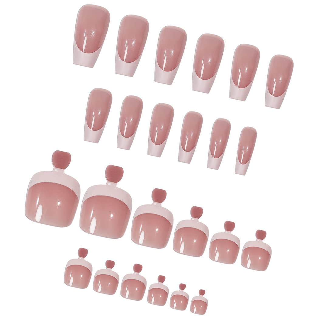 Red French Nude Press-On Nail Set For Fingers And Toes, Shimmer And Glossy Finish-Free Shipping - Lady Luana Luxe Nails