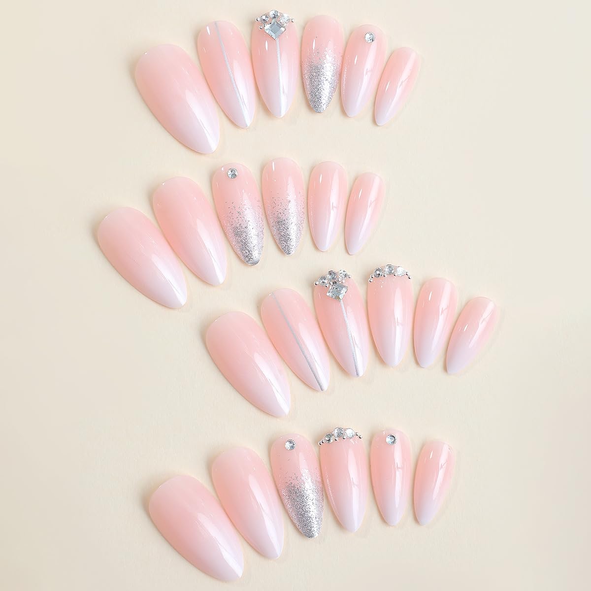 Chic Glitter and Rhinestones Almond French Tip Press on Nails- Free Shipping