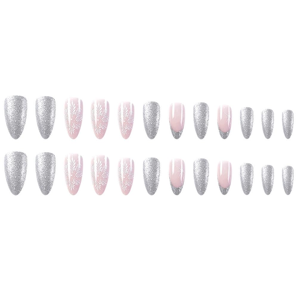 Winter Silver Glitter Snowflake French Christmas Press-On Nails Acrylic False Nails - Free Shipping