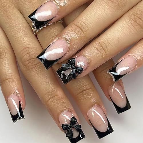 Black Bow French Press on Nails - 24 Pcs Medium Square Full Cover Fake Nails - Free Shipping