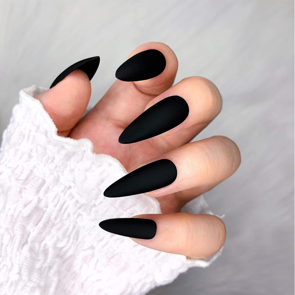 Elegant Black Medium Matte Stiletto Press-On Fake Nails–Trendy Artificial Manicure for Effortless Style-Free Shipping