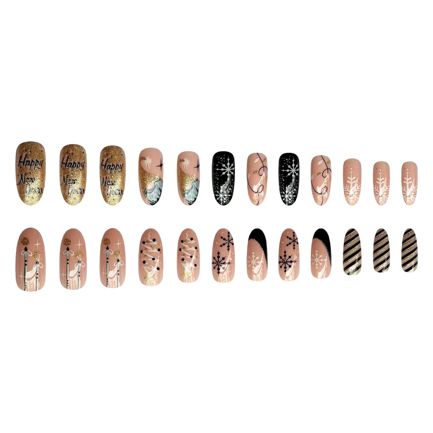 Black White Snowflake Christmas Press-On Nails Medium Almond Fake Nails - Free Shipping