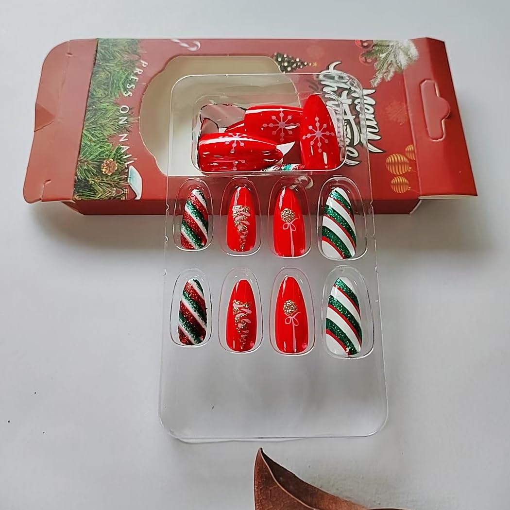 Christmas Snowflake Glitter Stripes Acrylic Press on Nails Fake Nails - Free Shipping