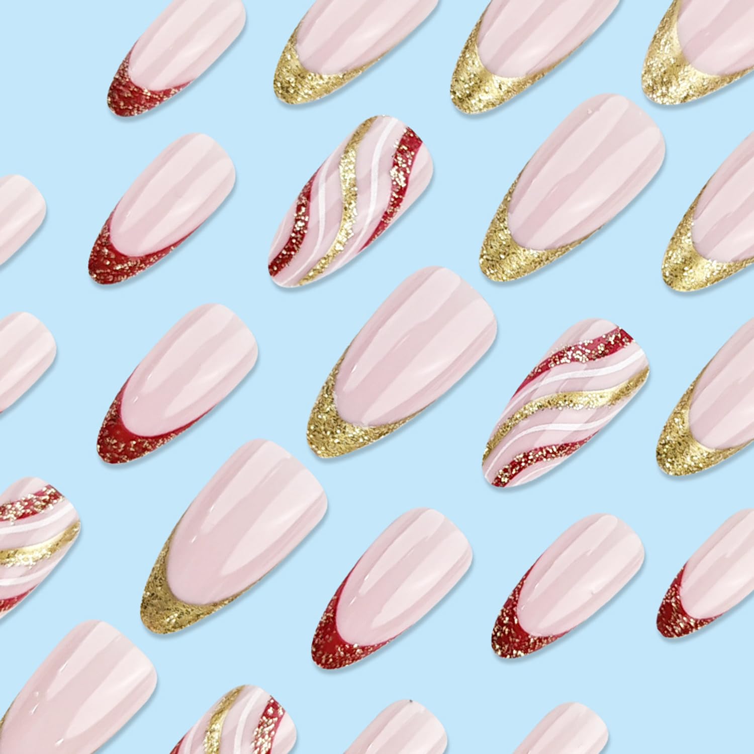 Red Gold Glitter Stripes Christmas Almond Press-On Acrylic Nails - Free Shipping