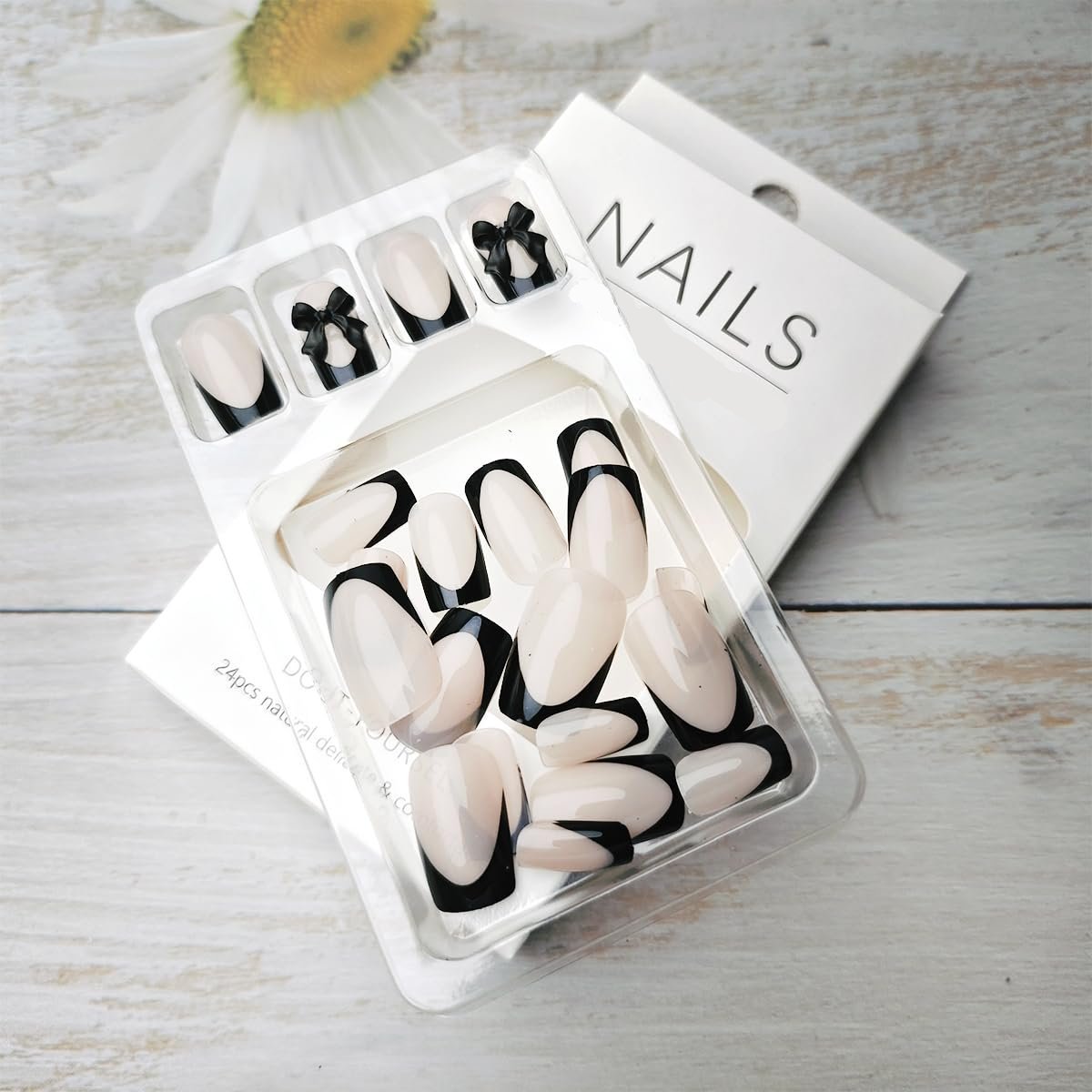 Black Bow French Press on Nails - 24 Pcs Medium Square Full Cover Fake Nails - Free Shipping