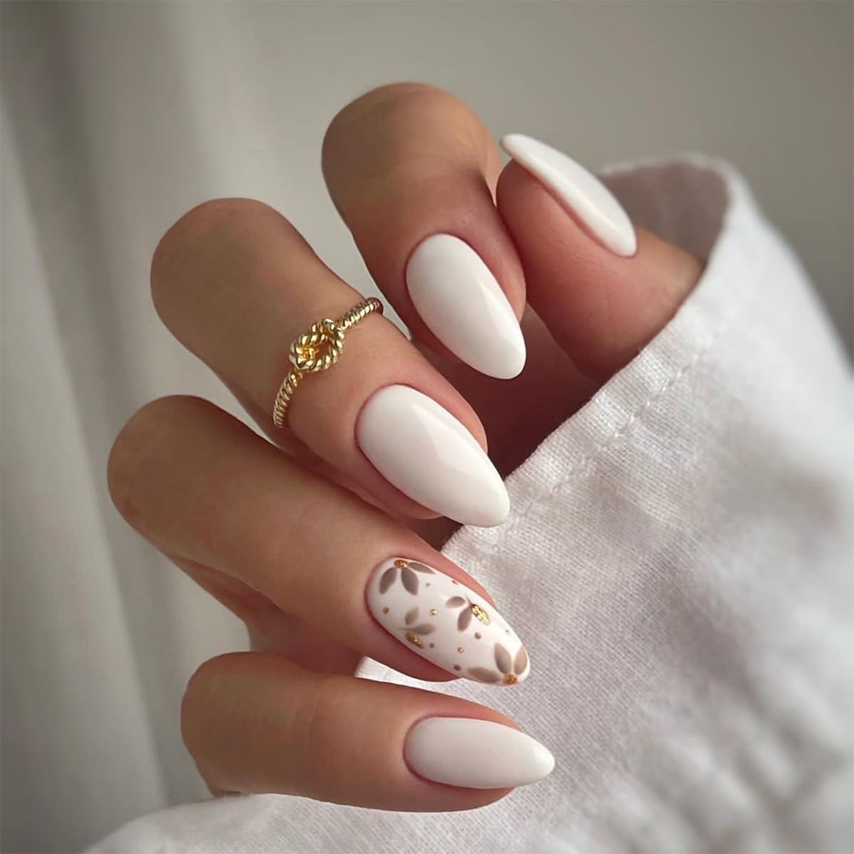 Stylish White Leaf Almond Press on Nails Fake Acrylic Gel on Nails - Free Shipping