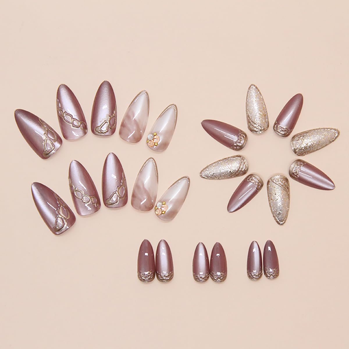 French Tip Press on Nails Brown with Rhinestones Medium Almond Shape False Nails for Wedding Daily Reusable Salon Cute Fake Nails Full Cover Acrylic Stick on Nails Glue on Nails Decoration Kit