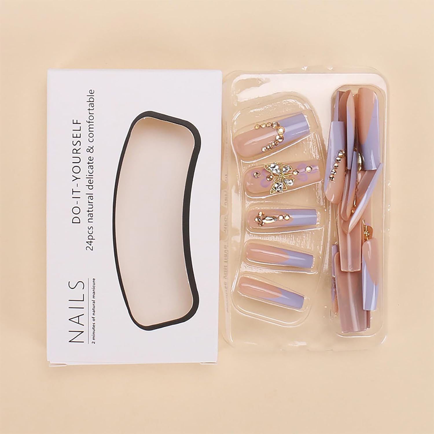 Butterfly Rhinestone French Coffin Press-On Nails Acrylic Fake Nails - Free Shipping