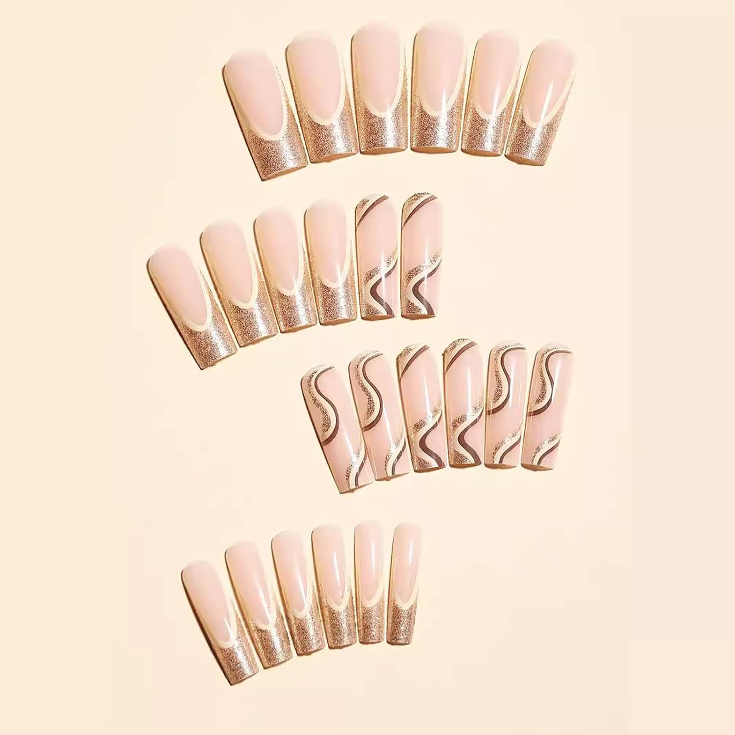 Abstract Glitter Gold Long Coffin Press-On Nails Acrylic False Nails-Free Shipping