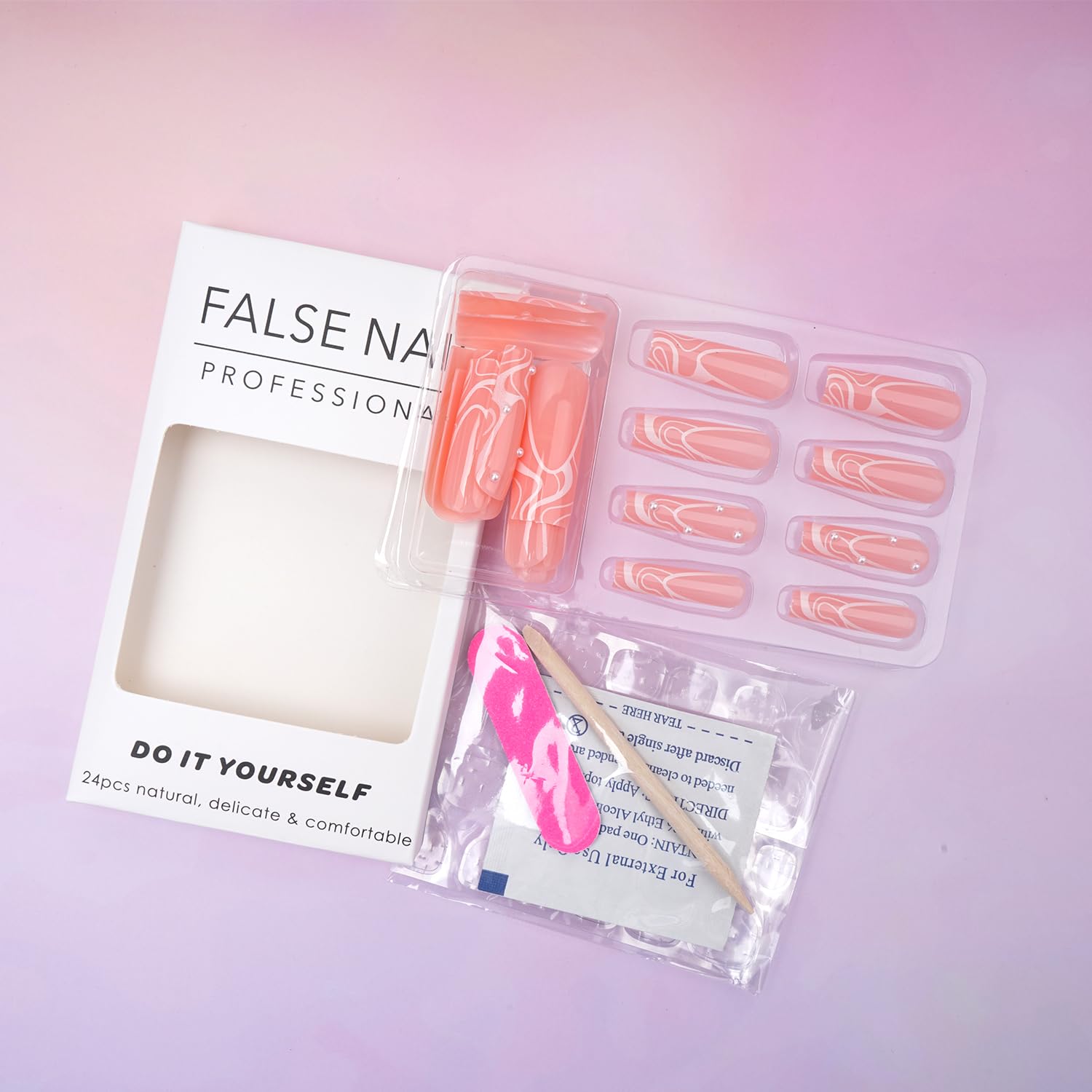 Abstract Swirl Rhinestone Long Coffin Press-On Nails Acrylic False Nails - Free Shipping