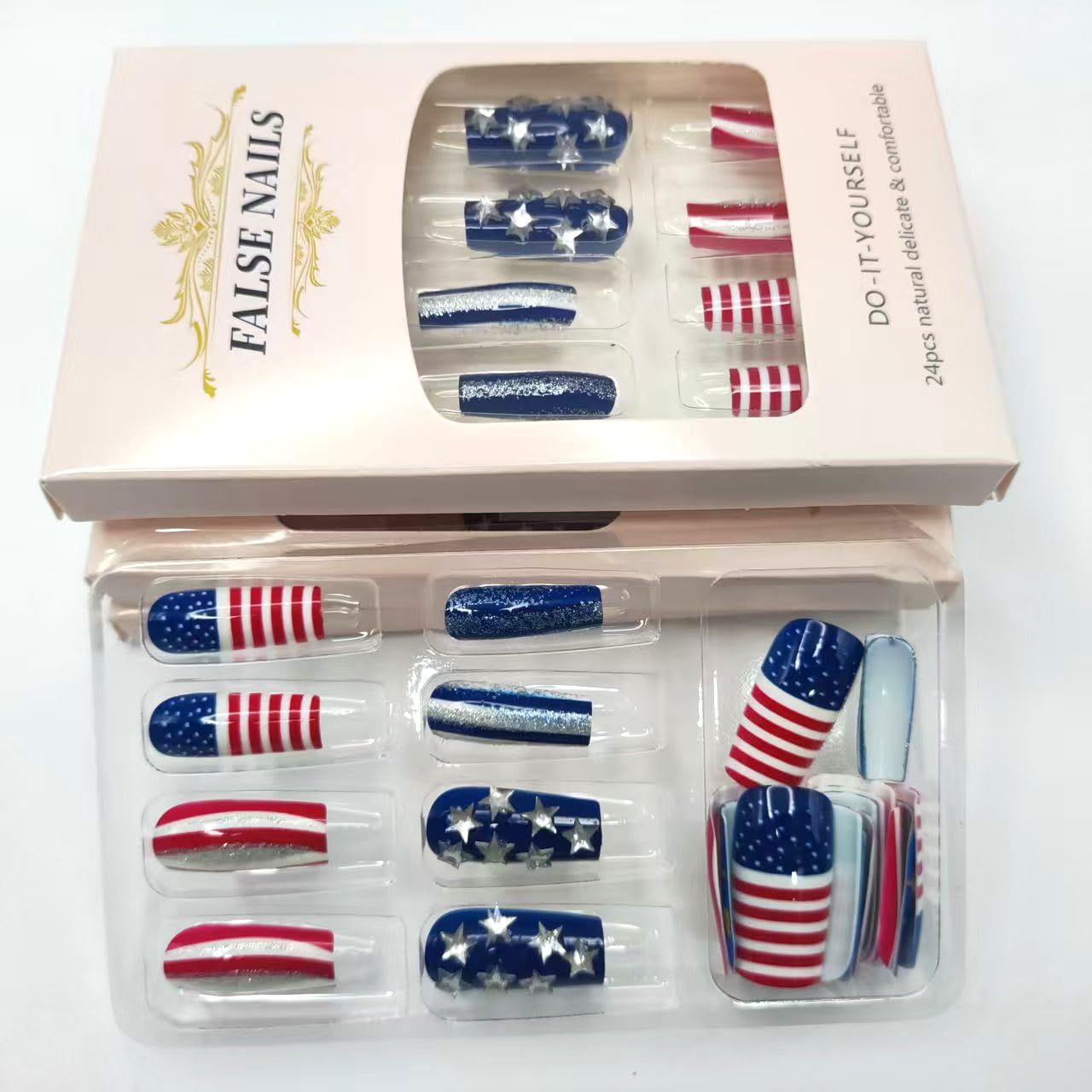 Medium Press on Nails Independence Day Fake Nails with Fireworks and Stripe Designs Bald Eagle Glue on Nails 4th of July Flag Stick on Nails Blue Red Glue on Nails for Women Girls 24Pcs