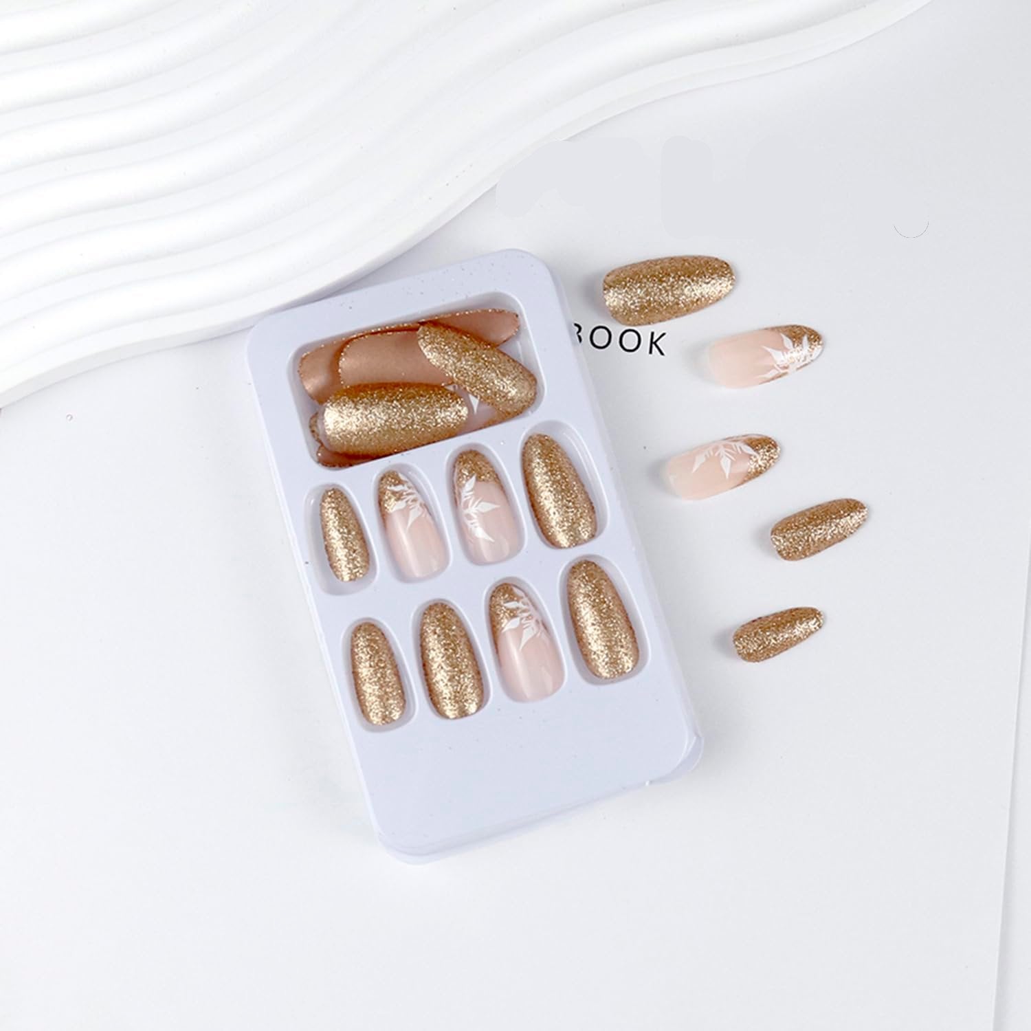 Snowflake Gold Glitter Press-On Nails Almond Shape Acrylic Fake Nails - Free Shipping