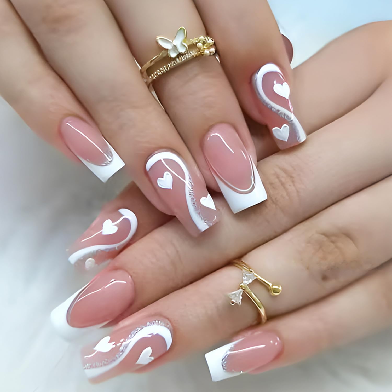 Valentines Day French Tip Press on Nails Square Shape Fake Nails with Heart Designs Nude Pink Acrylic Nails Full Cover False Nails Valentines Glue on Nails Reusable Artificial Nails for Women 24Pcs