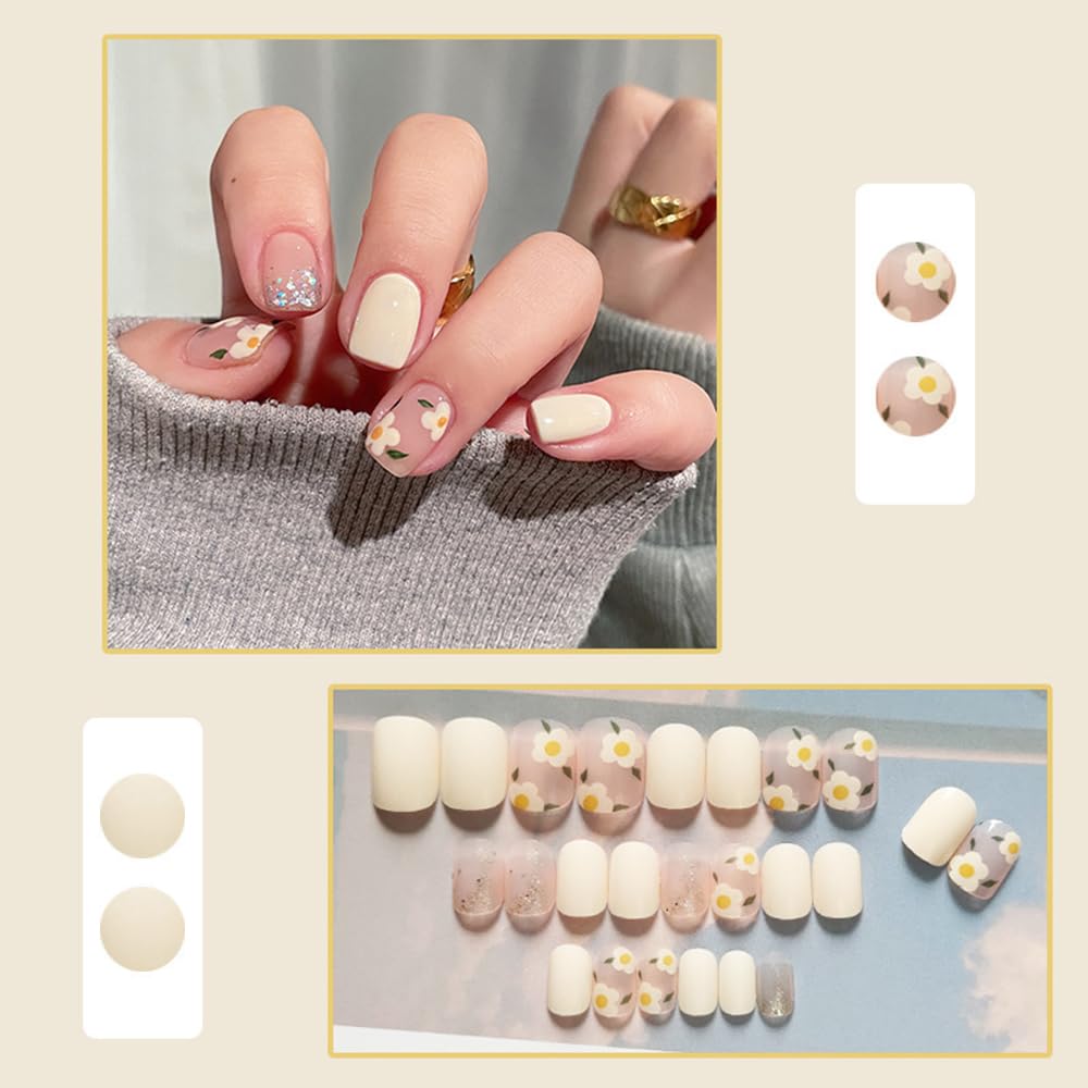 Vintage Floral Off White Press-On Nails Square Acrylic Fake Nails - Free Shipping