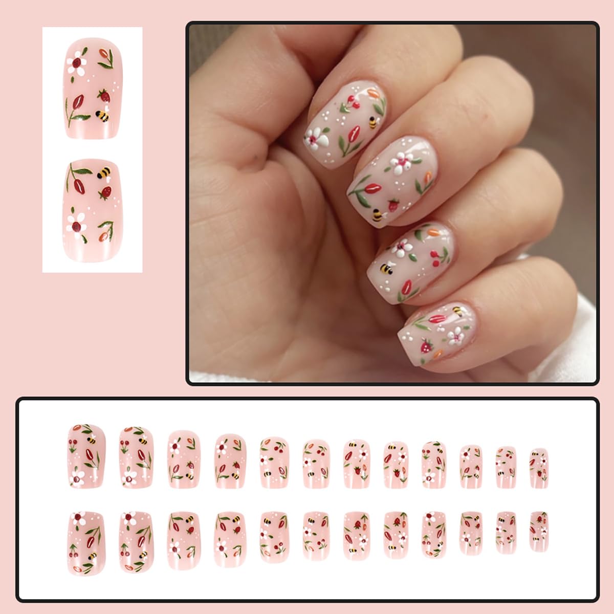 Bee Tulip Floral Press-On Nails Set-Medium Length, Square Shape, Reusable Acrylic False Nails-Free Shipping