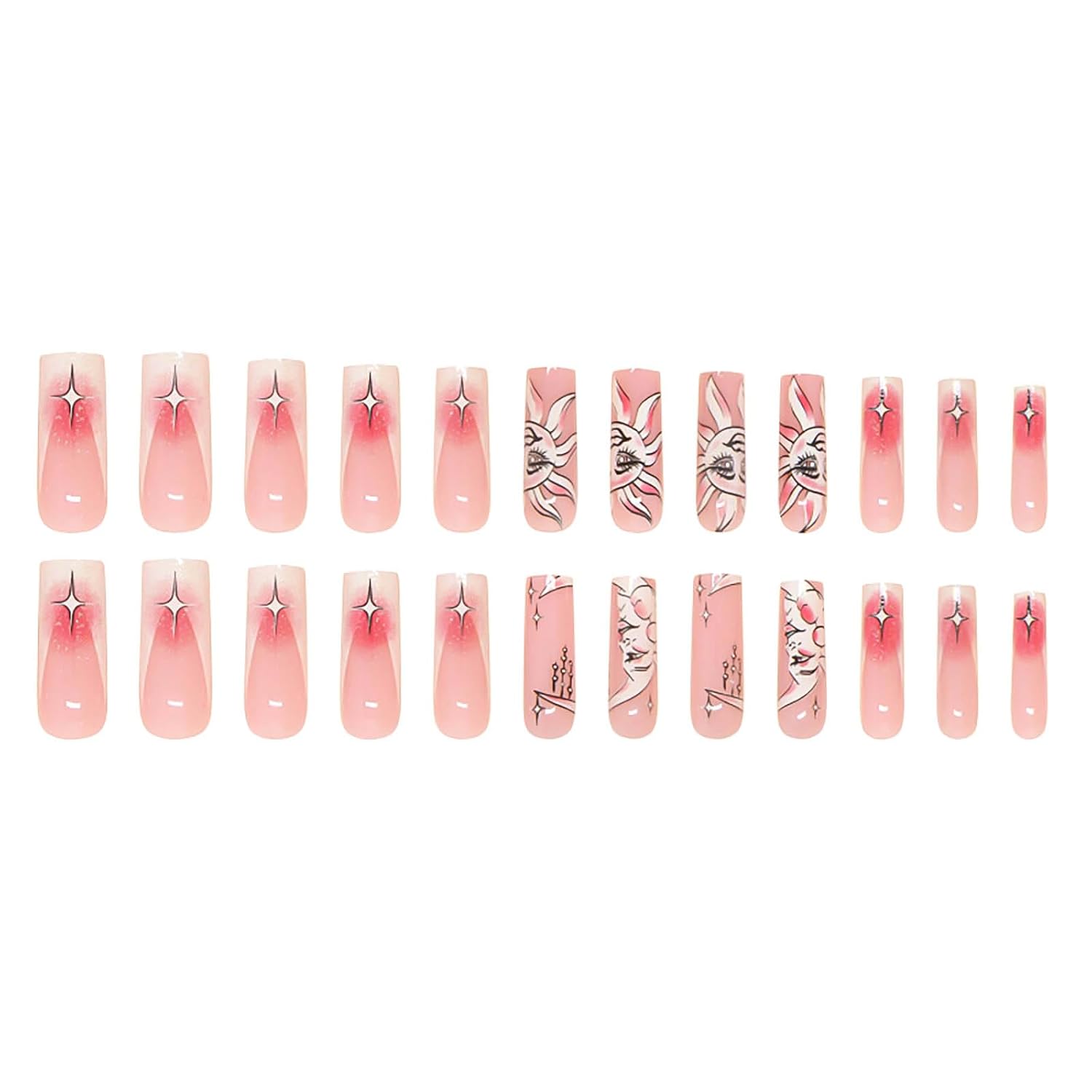 Stylish Moon Sun French Tip Press-On Nails, Long Coffin Acrylic Nails-Free Shipping