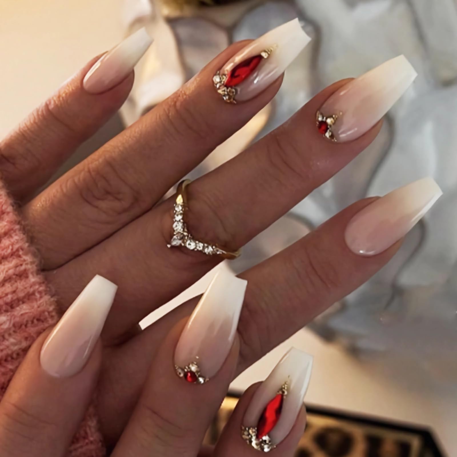 BABALAL Glossy Press on Nails Long Coffin Full Cover False Nails Shiny Stick on Nails Nude Fake Nails for Women and Girls