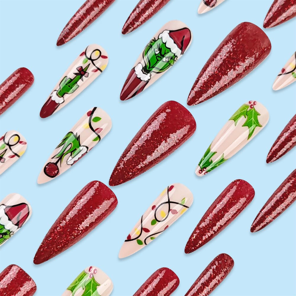 Red Glitter Grinch Christmas Press-On Stiletto Nails Acrylic Holiday Nails - Free Shipping