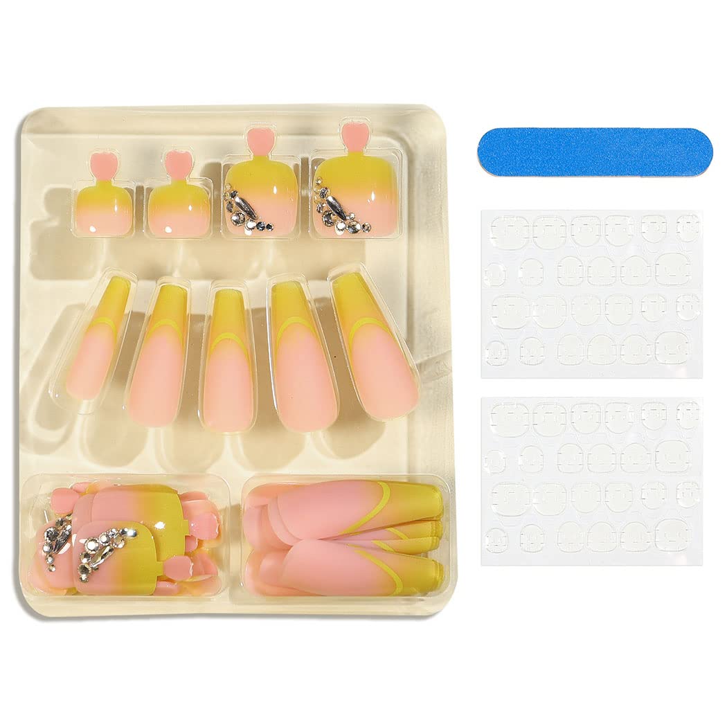 Chic Yellow Rhinestone Press-On Nail Set For Fingers And Toes, Shimmer And Glossy Finish-Free Shipping - Lady Luana Luxe Nails