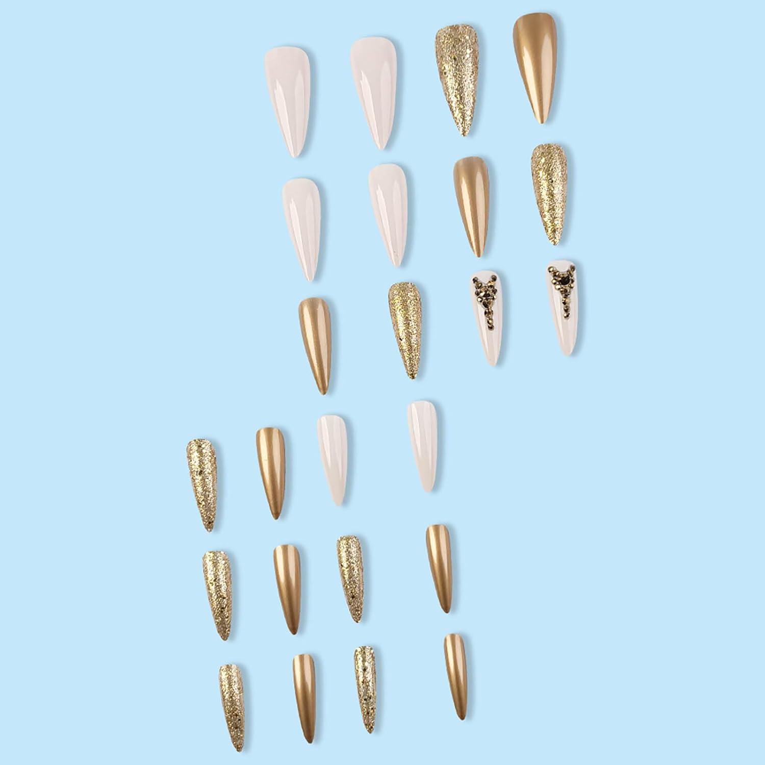 Gold Rhinestones Glitter Stiletto Press-On Nails Acrylic Nails - Free Shipping