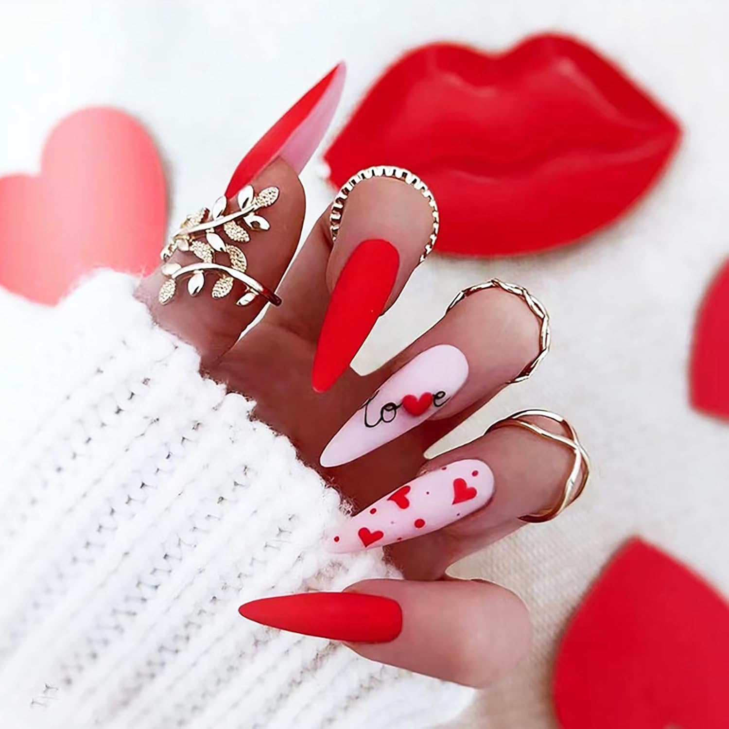 Red Pink Love Heart Stiletto Matte Valentine's Press-On Nails Acrylic False Nails - Free Shipping