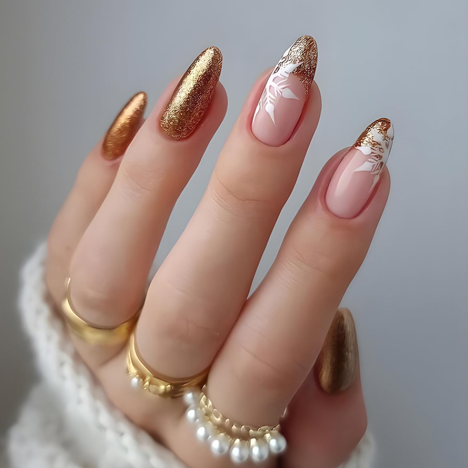Snowflake Gold Glitter Press-On Nails Almond Shape Acrylic Fake Nails - Free Shipping