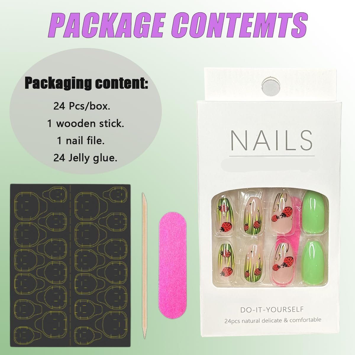 Bee Tulip Floral Press-On Nails Set-Medium Length, Square Shape, Reusable Acrylic False Nails-Free Shipping