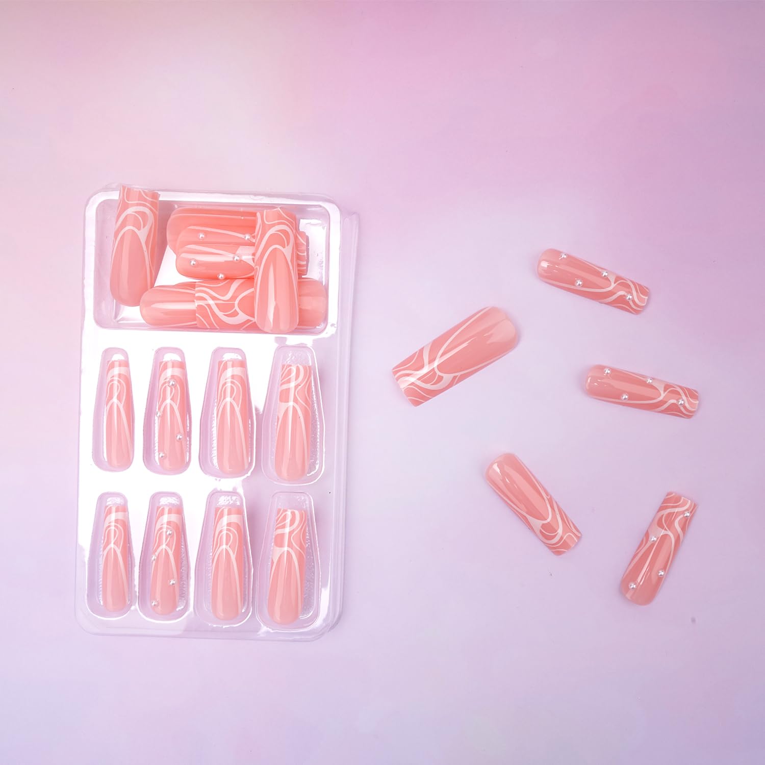 Abstract Swirl Rhinestone Long Coffin Press-On Nails Acrylic False Nails - Free Shipping