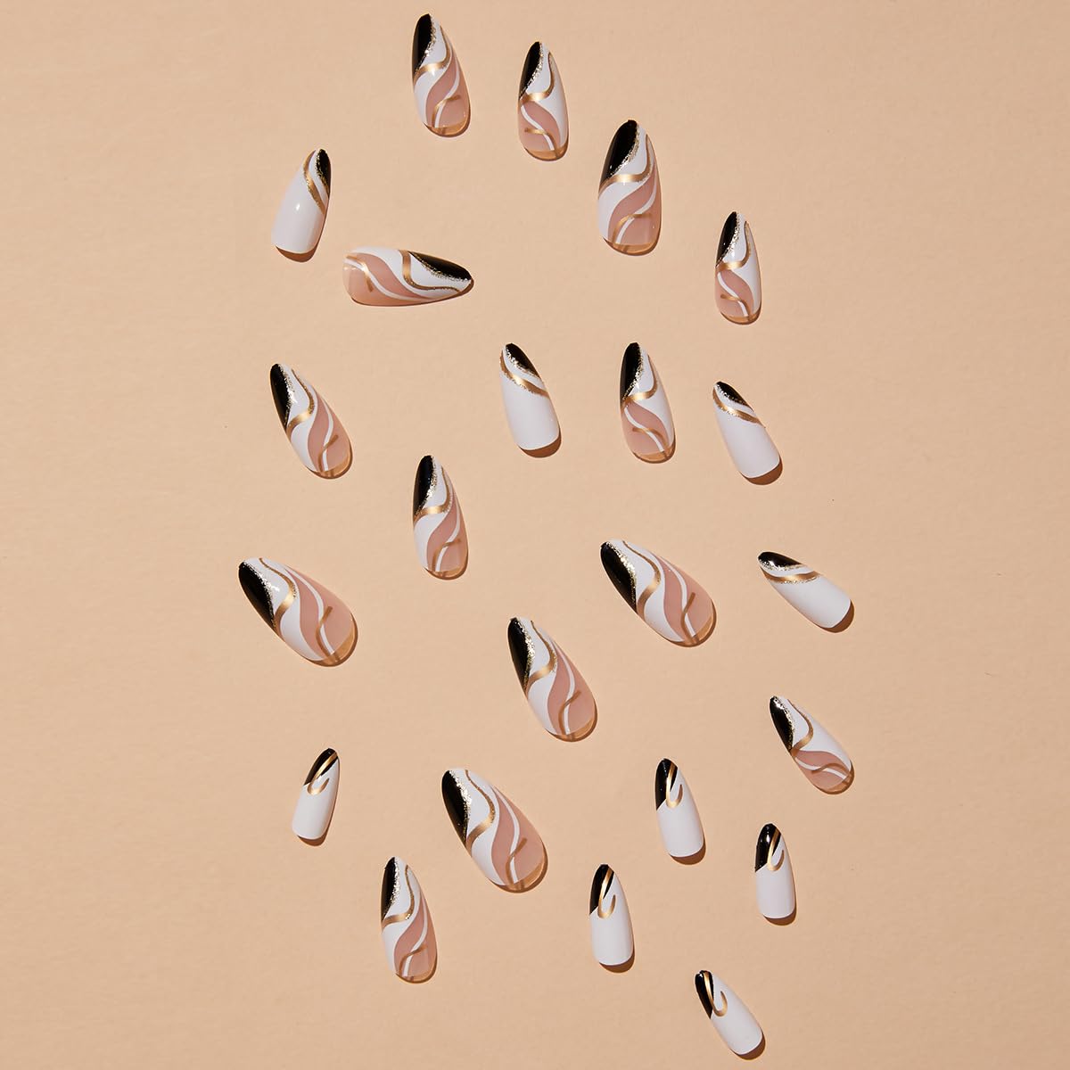 Glamorous Black Gold Abstract Almond Press-On Acrylic Fake Nails-Free Shipping