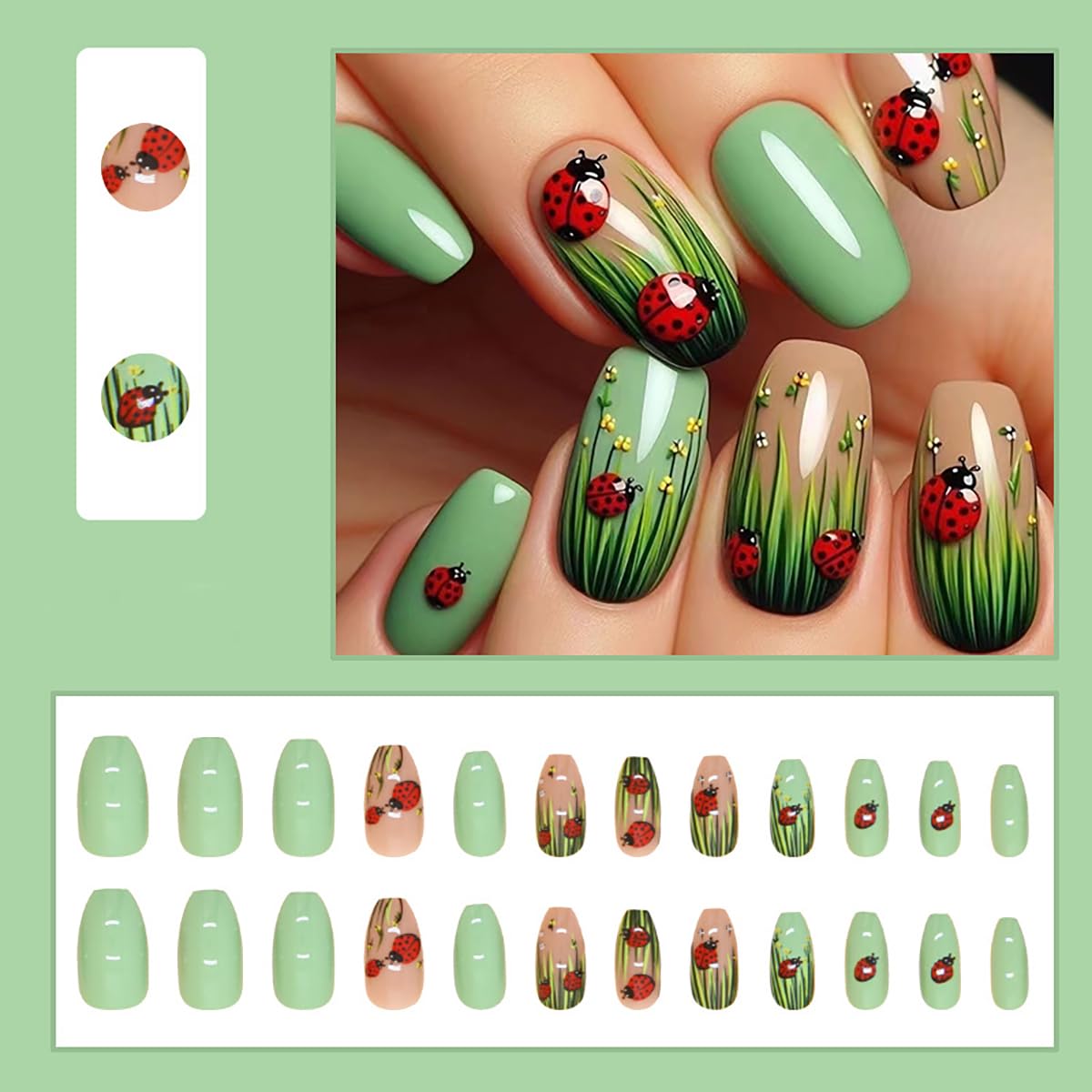 Bee Tulip Floral Press-On Nails Set-Medium Length, Square Shape, Reusable Acrylic False Nails-Free Shipping
